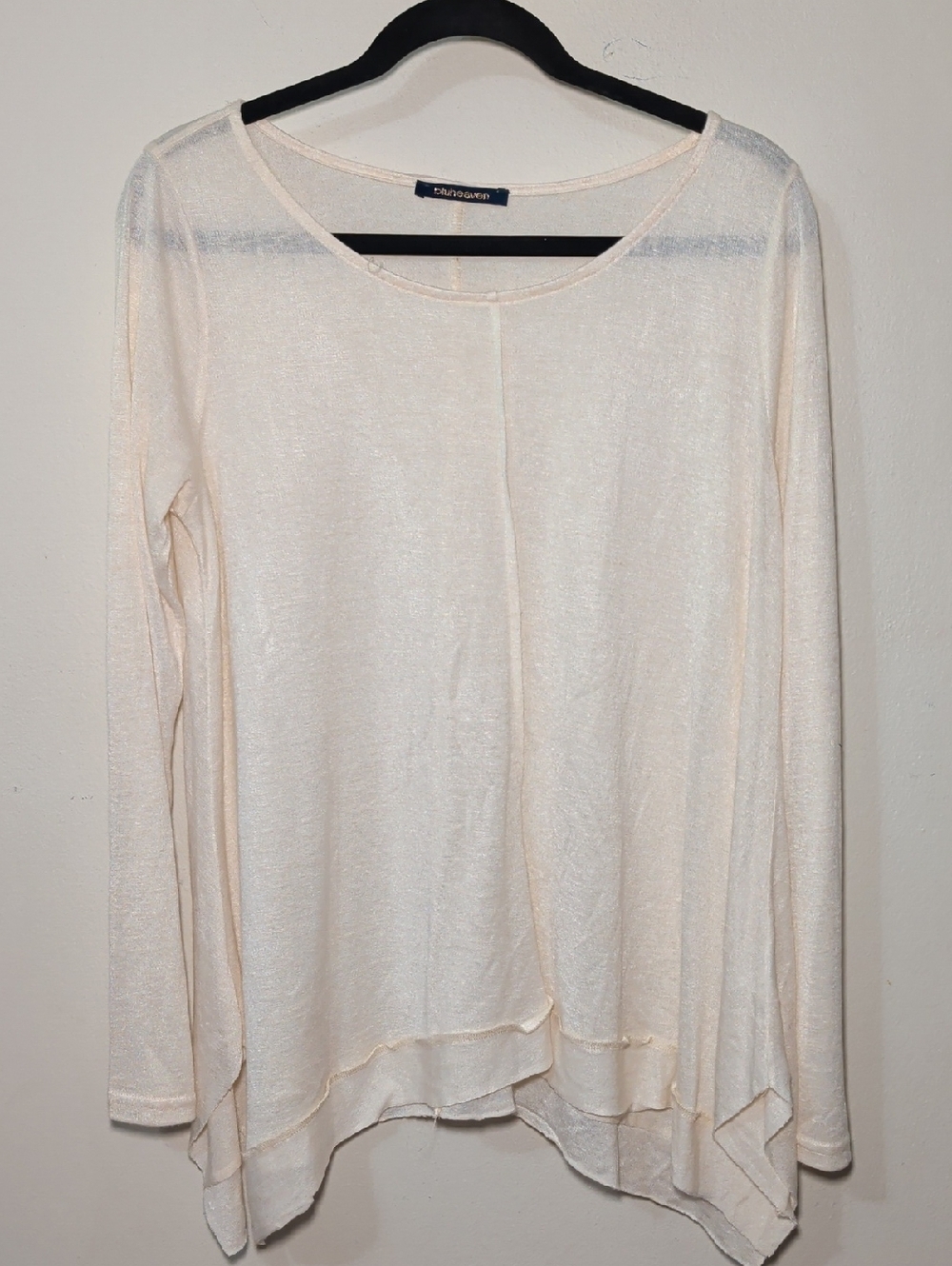 Bluheaven Cream Tunic Top Sheer Shark Bite Hem Cottage Minimalist Women's Size S
